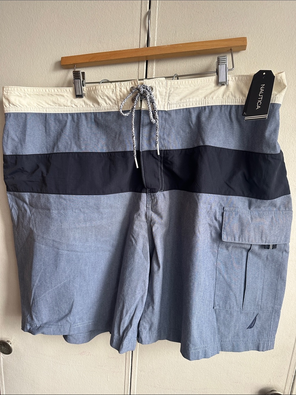 Nautica Light Blue and Navy Horizontal Stripe Swim Shorts